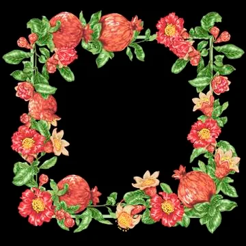 Decorative border vector frame wreath with pomegranate fruits and flowers 스톡 일러스트