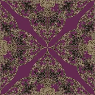 Decorative botanical pattern featuring thistles, intricate scrolls, and symme Stock Illustration