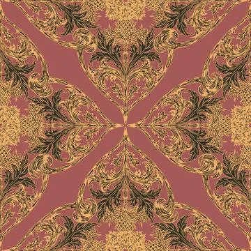 Decorative botanical pattern featuring thistles, intricate scrolls, and symme Stock Illustration