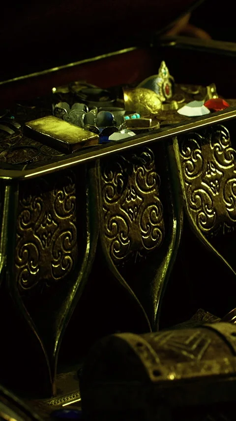 Decorative box filled with various items and treasures in low light Stock Footage 335097625