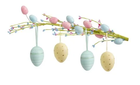Decorative branch with Easter eggs isolated on white background. 스톡 사진