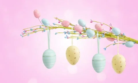 Decorative branch with Easter eggs isolated on white background. Foto stock