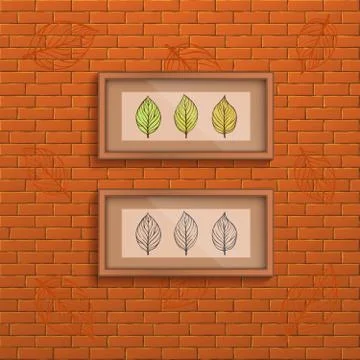 Decorative brick wall background with two interior frames with doodle leaves Illustrazione stock
