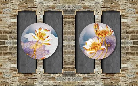 Decorative brick wall, rectangular frames, round panels with golden water lilies Stock Illustration