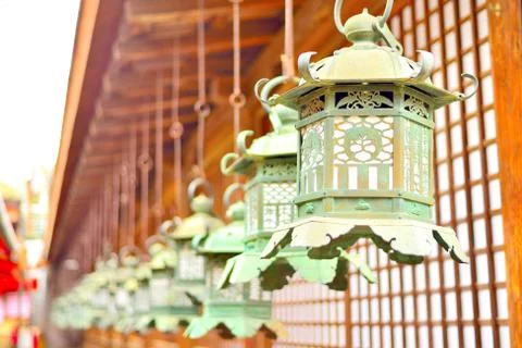 Decorative bronze lanterns in Kasuga Taisha of Nara, Japan Stock Photos