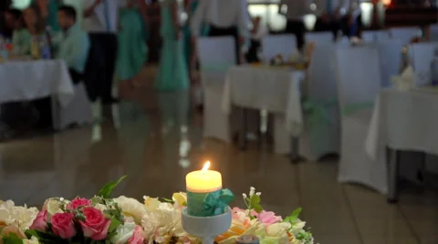 Decorative candle lights on the wedding table. Stock Footage 68109653