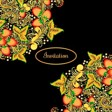 Decorative card with elements of traditional Russian national painting in Illustrazione stock