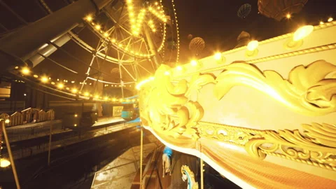 Decorative carousel tire shining with bulbs and artistic motifs illuminated Stock Footage 329943627