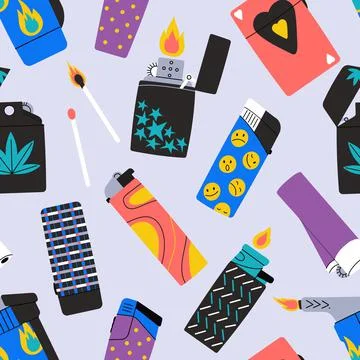 Decorative cartoon lighters seamless pattern. Burning wood match, fire and Stock Illustration