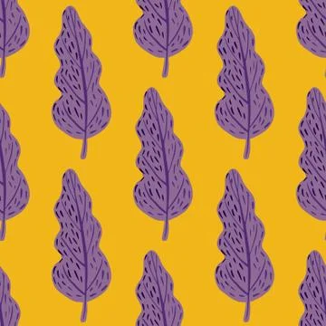 Decorative cartoon seamless bright pattern with purple tree shapes. Yellow ba Stock Illustration