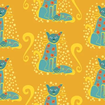 Decorative Cats Vector Repeatable Pattern In Teal And Gold イラスト素材