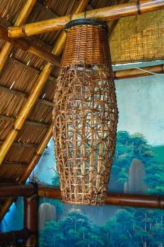 Decorative ceiling lights or hanging lamps made of bamboo Stock Photos