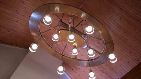 Decorative ceiling stylish lamp. Oval wooden chandelier. Stock Footage 129492323