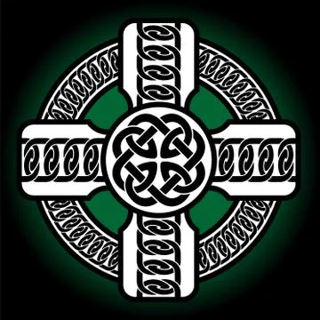Decorative Celtic black cross on dark green background. Religion symbol. Irish Illustrazione stock