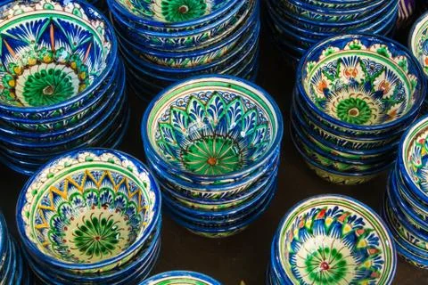 Decorative ceramic cups with traditional blue and green Near East ornament at Stock Photos