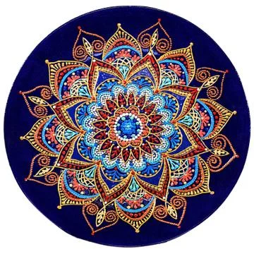Decorative ceramic dish painted with a circular pattern, isolated on a white  Foto stock