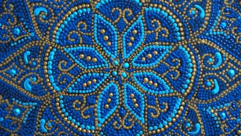 Decorative ceramic plate with blue and golden colors, painted plate, rotates Stock Footage 114686788
