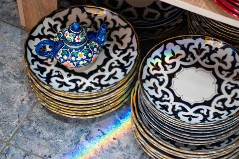 Decorative Ceramic Plates with Uzbek Patterns at Bazaar Stall Stock Photos