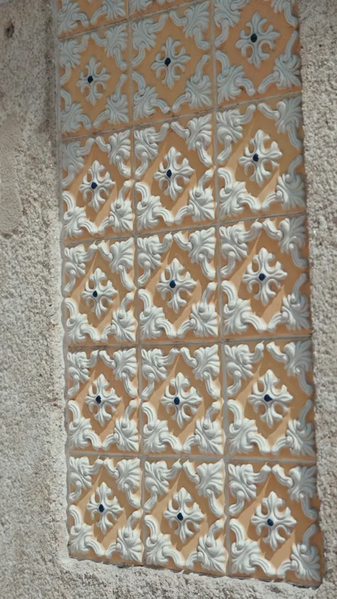 Decorative ceramic tile pattern on old building wall Stock Footage 334506545