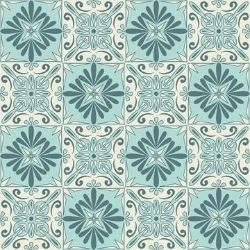 Decorative ceramic tile square shape, trendy blue mint color and ornate ara.. 库存插图