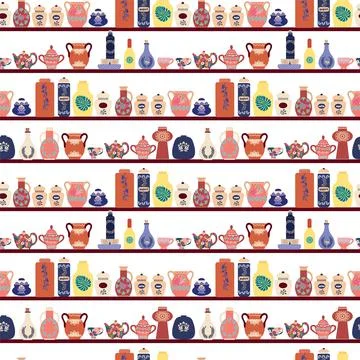 Decorative ceramic utensils seamless pattern. Stock Illustration