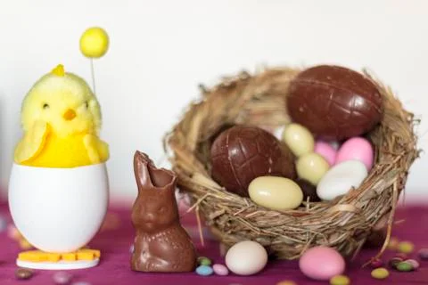 Decorative chik, chocolate bunny missing a bite and bird nest with chocolate  Stock Photos
