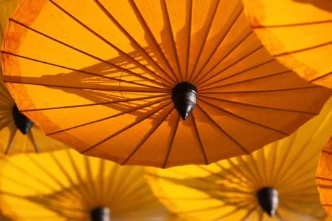 Decorative Chinese umbrellas in composition, Thailand Stock Photos