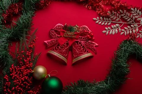 Decorative christmas elements on red Stock Photos