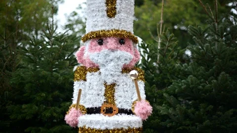 Decorative Christmas nutcracker soldier figure displayed outdoors with trees in Stock Footage 325800605