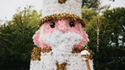 Decorative Christmas nutcracker soldier figure displayed outdoors with trees in Stock Footage 325803798
