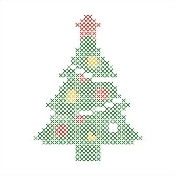 Decorative Christmas tree element created with cross stitch embroidery styl.. Stock Illustration
