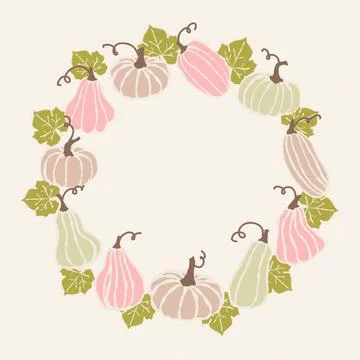 A decorative circle of gently colored pumpkins and gourds surrounded by green Stock Illustration