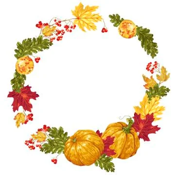 Decorative circle wreath frame elements in vector with autumn things Stock Illustration