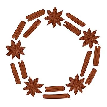 Decorative circular frame with cinnamon sticks and star anise in flat style on a Stock Illustration