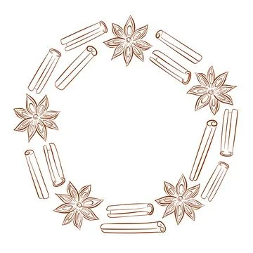 Decorative circular frame made of cinnamon sticks and star anise in line art Stock Illustration