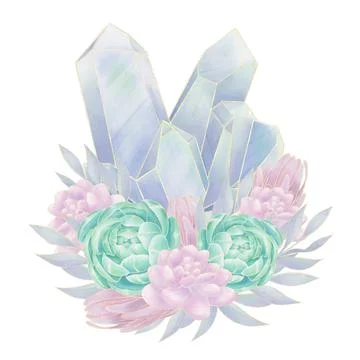 Decorative composition of blue crystal, decorated with green and pink succule Stock Illustration
