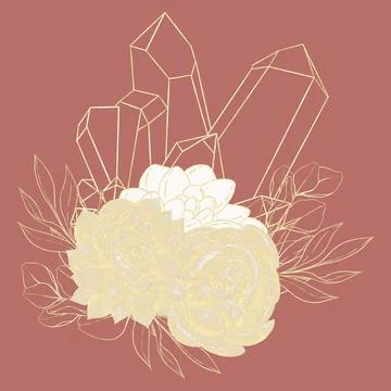 Decorative composition of contour gold illustrations of succulents crystals a Stock Illustration