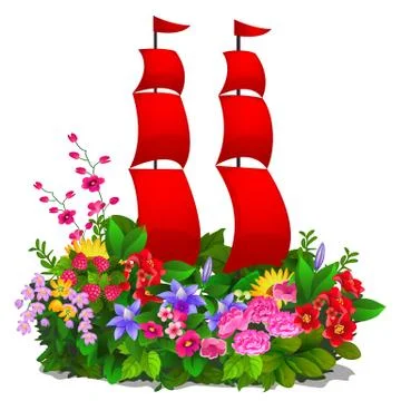 Decorative composition in the form of plants, flowers and red sails isolated on Stock Illustration