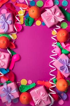Decorative composition four boxes with gifts Satin ribbon Bow Oranges Confett Stock Photos