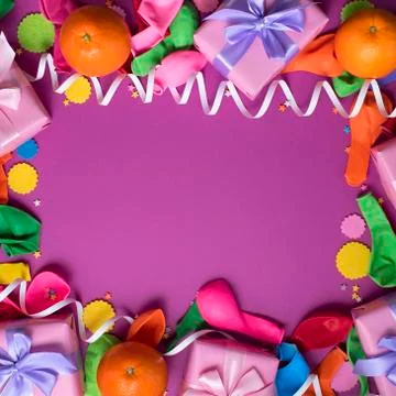 Decorative composition four boxes with gifts Satin ribbon Bow Oranges Confett Stock Photos