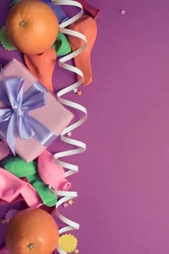 Decorative composition four boxes with gifts Satin ribbon Bow Oranges Confett Stock Photos