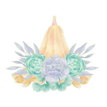 Decorative composition of orange pumpkin and succulent flowers, blue and gree Stock Illustration