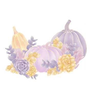 Decorative composition of pumpkin, orange, pink, purple, decorated with succu Stock Illustration
