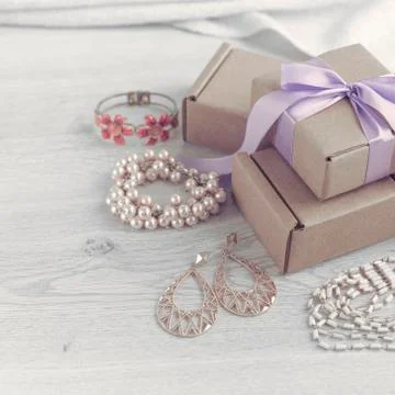 Decorative composition in retro style set of boxes with gifts. Stock Photos