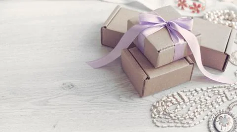Decorative composition in retro style set of boxes with gifts. Stock Photos