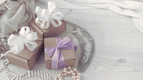 Decorative composition in retro style set of boxes with gifts. Stock Photos