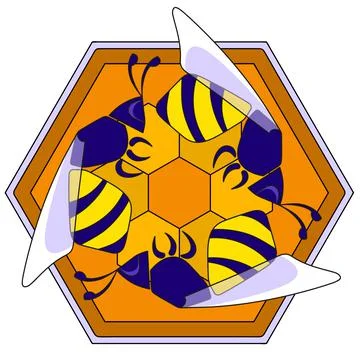 Decorative composition of three bees inscribed in a honeycomb hexagon. Stock Illustration