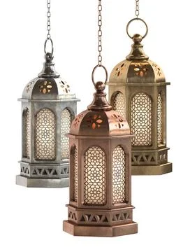 Decorative copper, brass and silver arabic lanterns isolated on white backg.. Stock Illustration