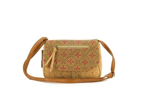 Decorative cork bag with bright pattern and smooth natural finish. Stock Photos