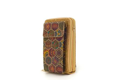 Decorative cork purse featuring bright motifs on white background. Stock Photos